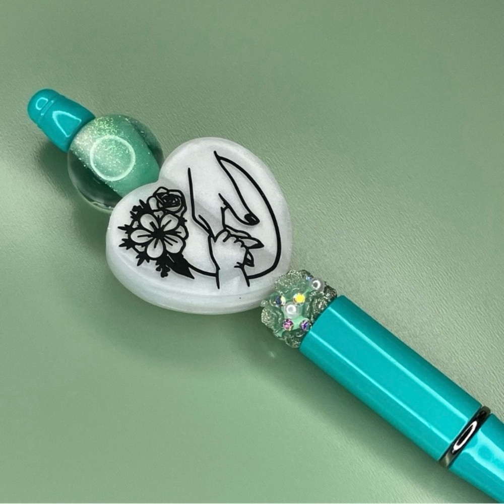Teal and White Decorative Baby Holding Mother’s Hand Handmade Beaded Pen - Picture 2 of 5